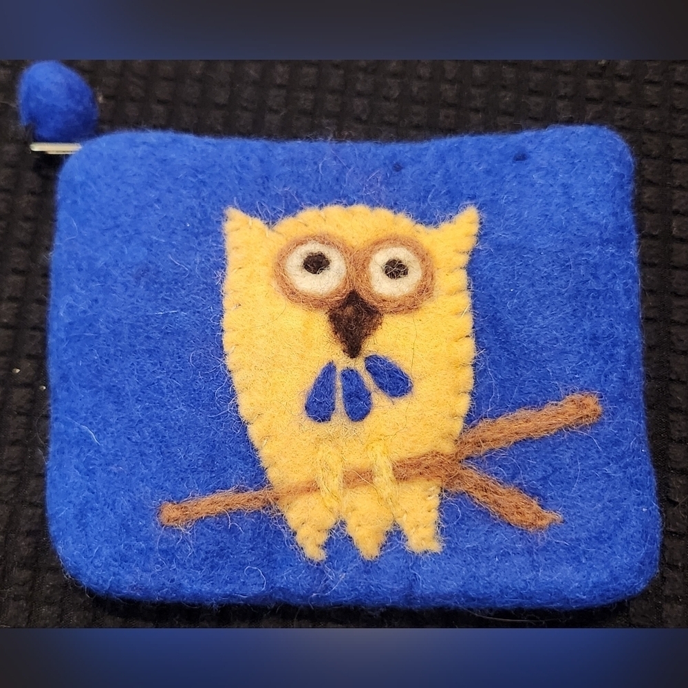 Toni Wool Coin Purse Small Handbag Blue Owl Clutch Bag Patchwork #O